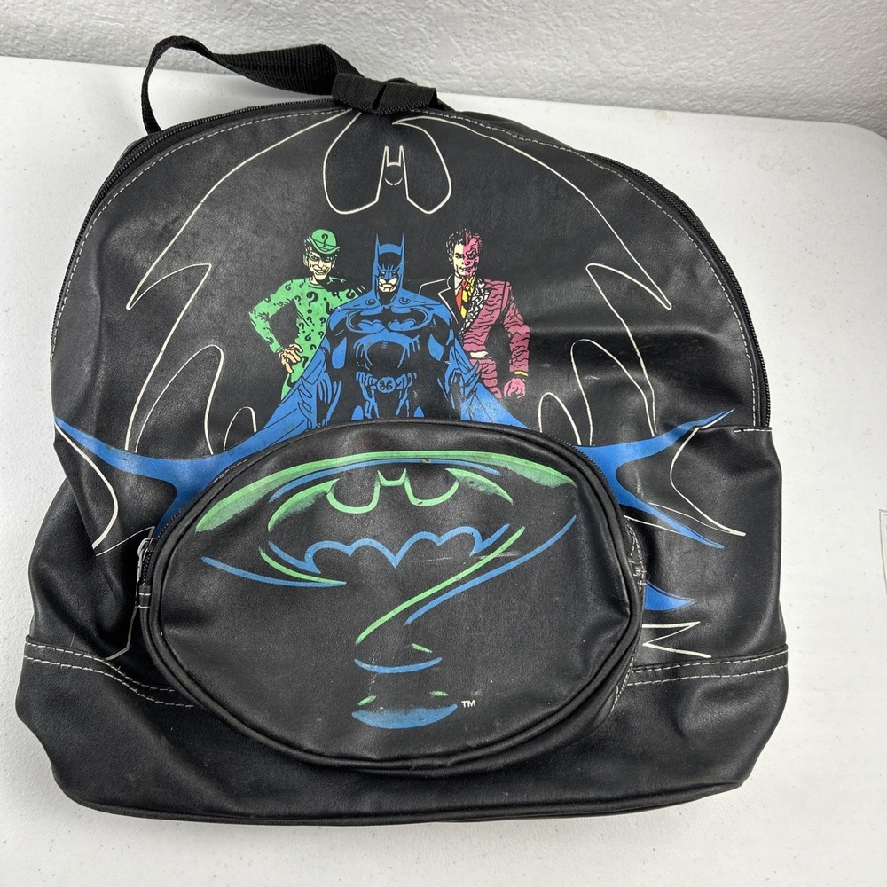 BATMAN FOREVER Vintage 90s Backpack Leather Black Green Riddler Twoface 1995